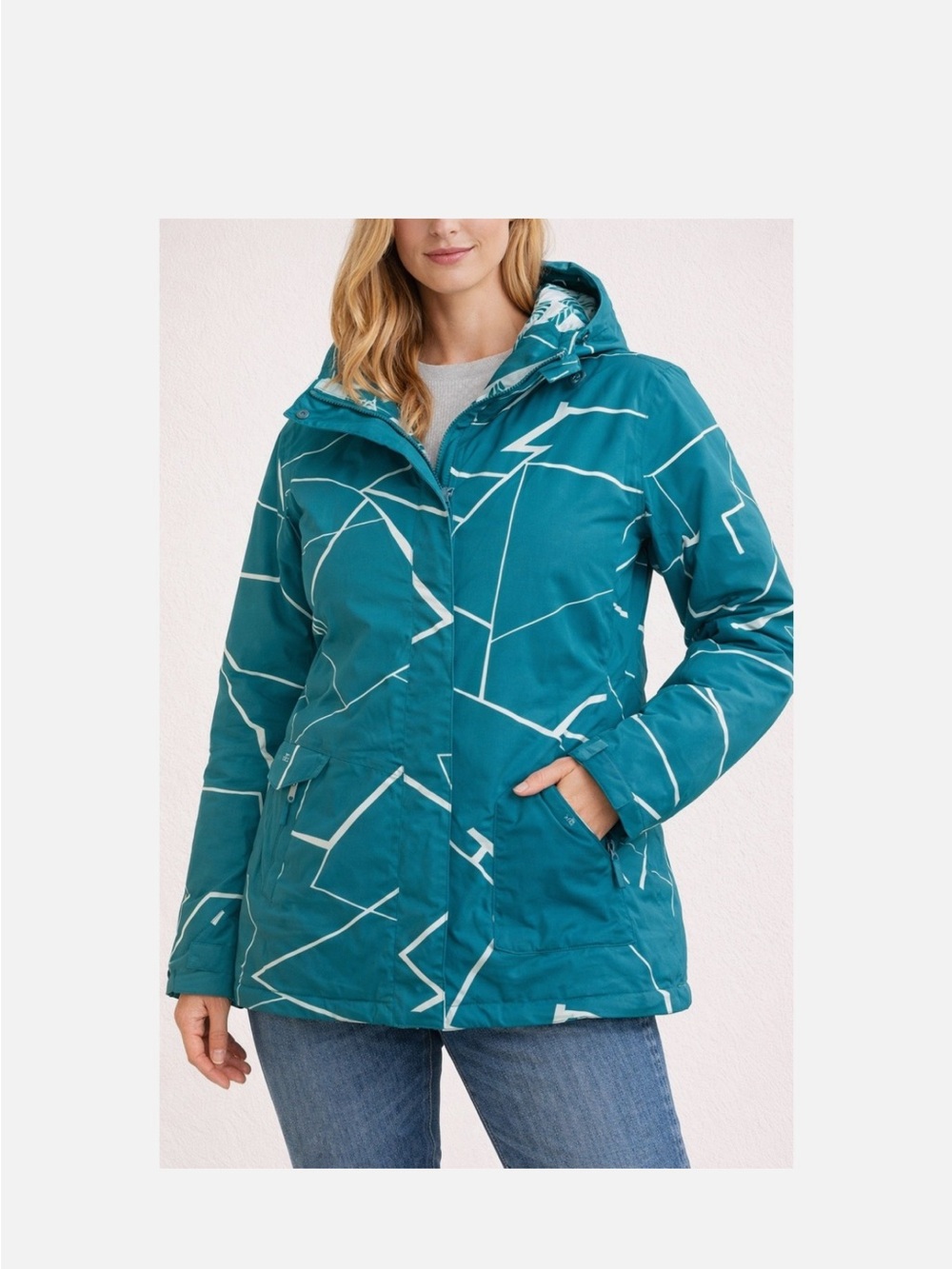 Women’s Billabong Winter Ski Jacket Teal Geometric Hooded Winter Jacket Medium